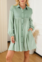 Load image into Gallery viewer, Puff Sleeve Dress | Green Patchwork Crinkle Shirt Dress
