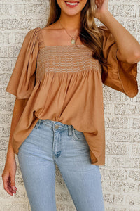 Brown Square Neck Wide Sleeves Flowy Top | Tops/Blouses & Shirts