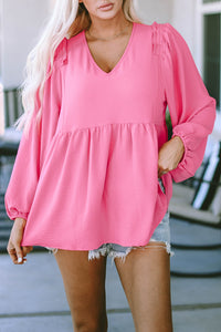 Pink Frilled V Neck Puff Sleeve Babydoll Blouse | Tops/Blouses & Shirts