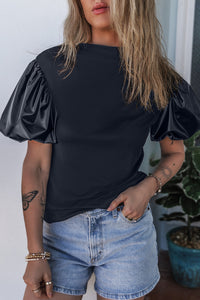 Puff Sleeve Top | Black Faux Leather Sleeve Mock Neck Top