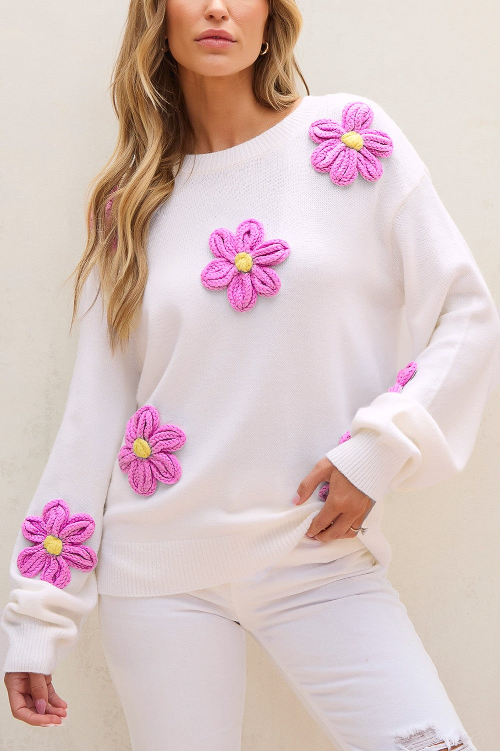 Crochet Flower Sweater | Round Neck Long Sleeve Sweater