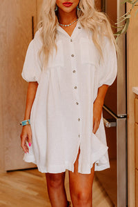 Mini Dress | White Half Puff Sleeve Buttoned Shirt