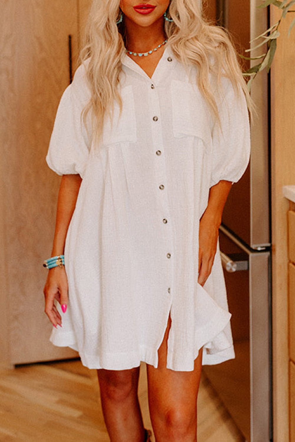 Mini Dress | White Half Puff Sleeve Buttoned Shirt