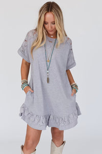 Light Grey Lace Floral Patchwork Ruffled T-shirt Dress | Dresses/T Shirt Dresses