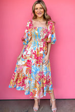 Load image into Gallery viewer, Rose Red Tropical Print Smocked Bodice Puff Sleeve Maxi Dress | Dresses/Floral Dresses
