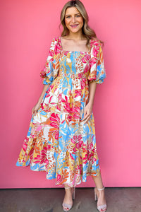 Rose Red Tropical Print Smocked Bodice Puff Sleeve Maxi Dress | Dresses/Floral Dresses