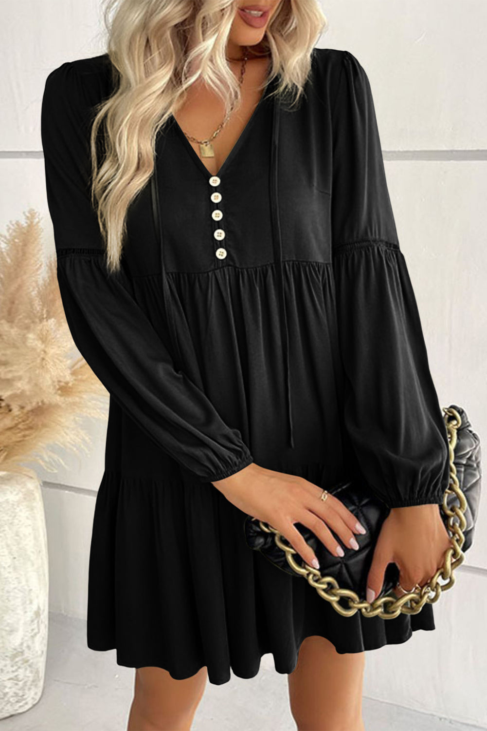 Mini Dress | Black Lace Puff Sleeve Buttoned Tiered