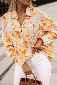 Yellow Floral Print Turn Down Collar Loose Shirt | Tops/Blouses & Shirts