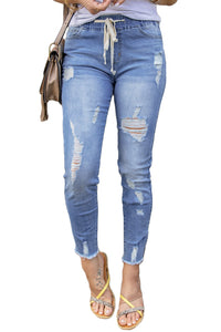 Sky Blue Drawstring Elastic Waist Hole Ripped Jeans | Bottoms/Jeans