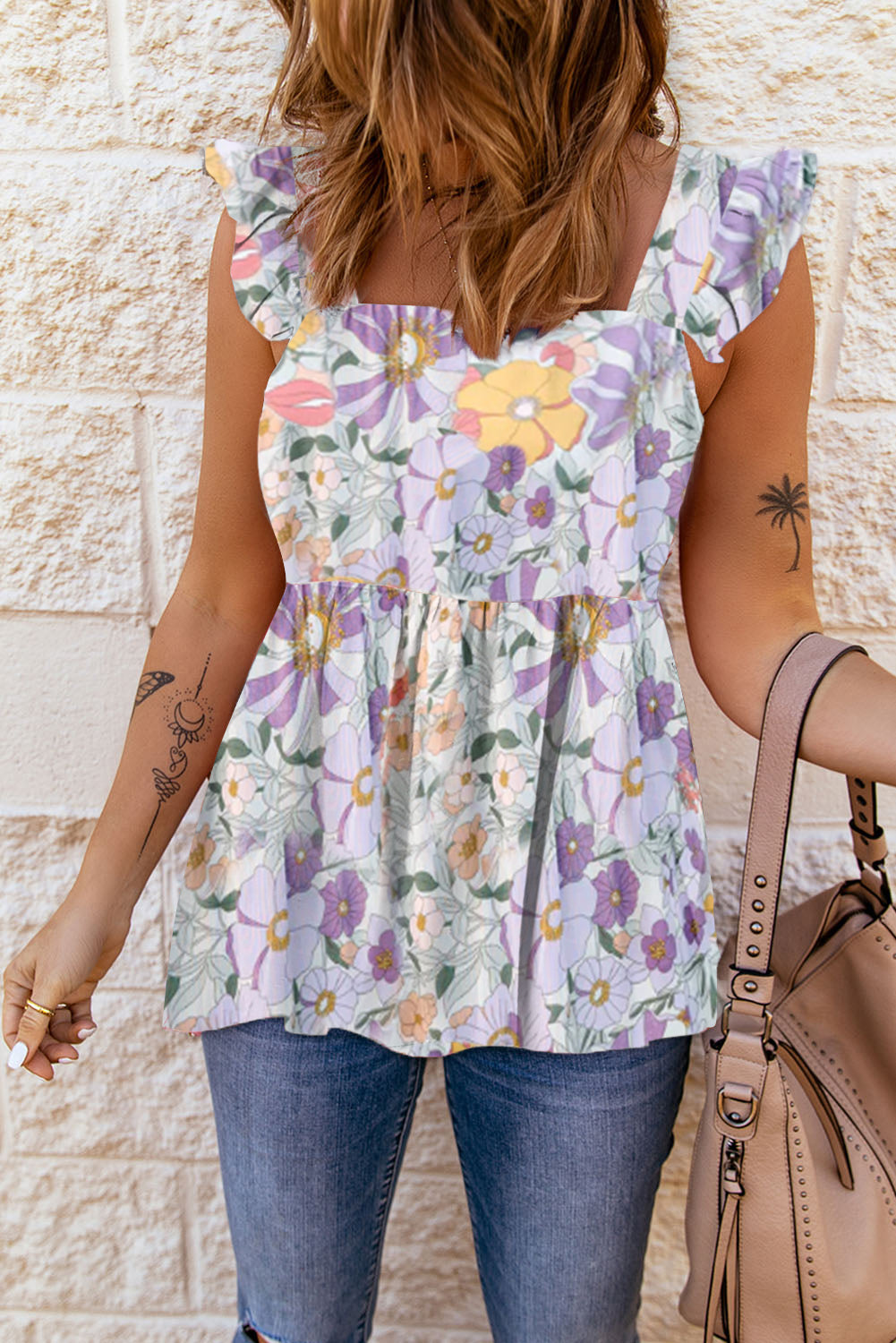 Purple Multicolor Flutter Floral Print Flowy Tank Top | Tops/Tank Tops