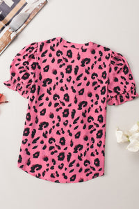 Pink Leopard Notch Neck Bubble Sleeve Blouse | Tops/Blouses & Shirts