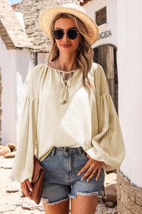 Drawstring Blouse | Apricot Lantern Sleeve Stripe Tassel