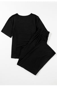 Wide Leg Pants Set | Black Solid Color T Shirt 2 Piece Set