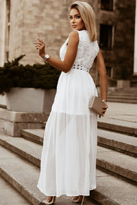 White Lace Maxi Dress | Slit Lace Detail V-Neck Dress