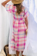 Load image into Gallery viewer, Puff Sleeve Midi Dress | Pink Checkered Belted Midi Dress
