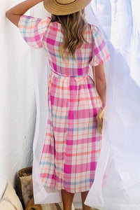 Puff Sleeve Midi Dress | Pink Checkered Belted Midi Dress