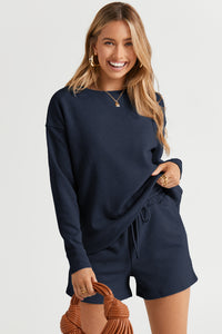 Drawstring Shorts Set | Navy Blue Textured Long Sleeve Top