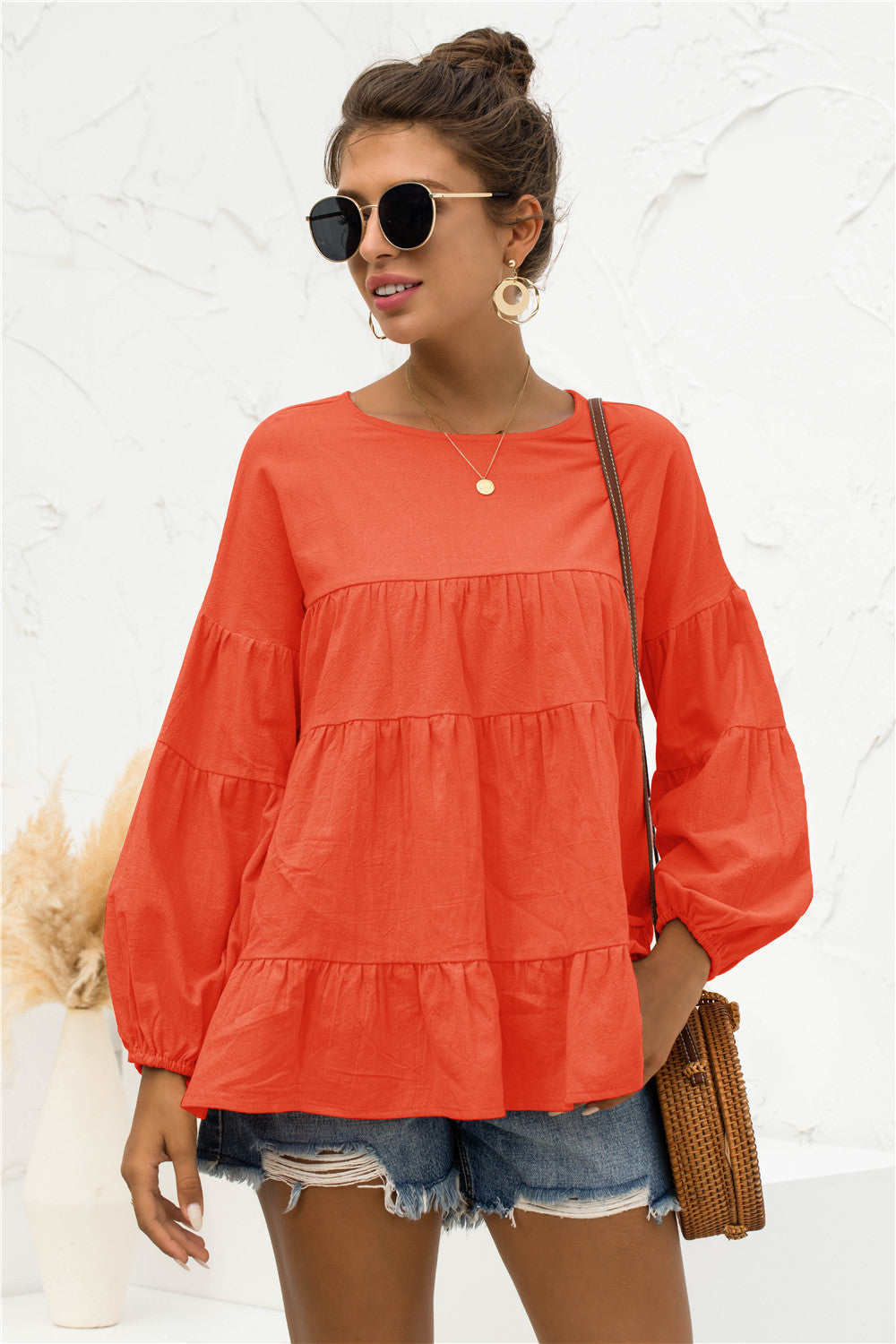 Long Sleeve Blouse | Round Neck Bubble Sleeve Tiered Top