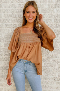 Brown Square Neck Wide Sleeves Flowy Top | Tops/Blouses & Shirts