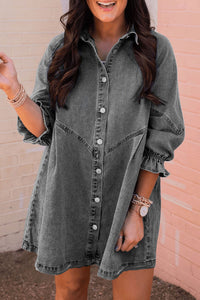 Denim Mini Dress | Gray Buttoned Long Sleeve