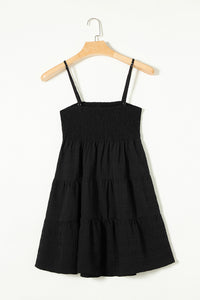 Black Smocked Textured Tiered Skater Dress | Dresses/Mini Dresses