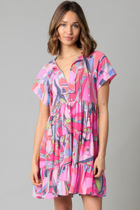 Pink Abstract Geometric Print Tassel Tie Flared Dress | Dresses/Mini Dresses