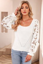 Load image into Gallery viewer, Lace Sleeve Sweater | White Crochet Knit Top
