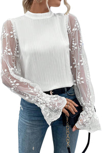 White Lace Sleeve Top | Contrast Lace Mock Neck Blouse