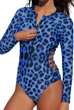 Load image into Gallery viewer, Blue Leopard Print Zipper Cut-out Rash Guard Swimsuit | Swimwear/Rash Guards
