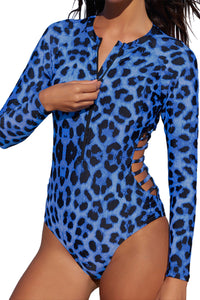 Blue Leopard Print Zipper Cut-out Rash Guard Swimsuit | Swimwear/Rash Guards