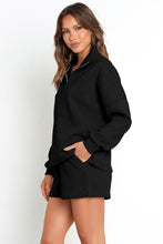 Load image into Gallery viewer, Black Ribbed Zipper Sweatshirt and High Waist Shorts Set | Two Piece Sets/Short Sets
