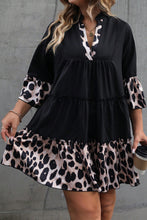 Load image into Gallery viewer, Leopard Print Dress | Black Patchwork Split Neck Ruffle Dress
