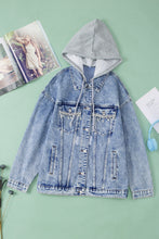 Load image into Gallery viewer, Sky Blue Rhinestone Fringed Hooded Denim Jacket
