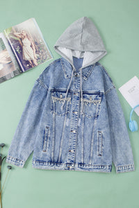 Sky Blue Rhinestone Fringed Hooded Denim Jacket