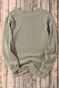 Pullover Sweatshirt | Green Solid Ribbed Knit Round Neck