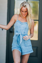 Load image into Gallery viewer, Beau Blue Spaghetti Straps Belted Denim Romper | Bottoms/Jumpsuits &amp; Rompers
