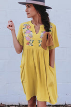 Load image into Gallery viewer, Yellow Split Neck Embroidered Floral Babydoll Swing Dress | Dresses/Floral Dresses
