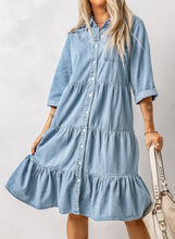 Load image into Gallery viewer, Sky Blue Ruffled Denim Full Buttoned Midi Dress | Dresses/Midi Dresses
