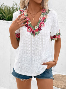 Women's Blouse-Eyelet Embroidered V-Neck Short Sleeve Blouse | Tops/Blouses & Shirts