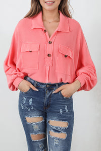 Pink Corded Flap Pocket Henley Top | Tops/Long Sleeve Tops