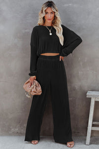Black Corded Cropped Pullover and Wide Leg Pants Set | Two Piece Sets/Pant Sets