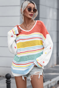 Multicolor Hollow Striped Knit Contrast Sleeve Sweater | Tops/Sweaters & Cardigans