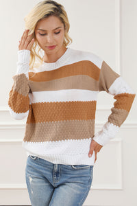 Chestnut Striped Cable Knit Drop Shoulder Sweater | Tops/Sweaters & Cardigans