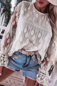 Mesh Blouse | Beige Embroidered Flounce Sleeve Top