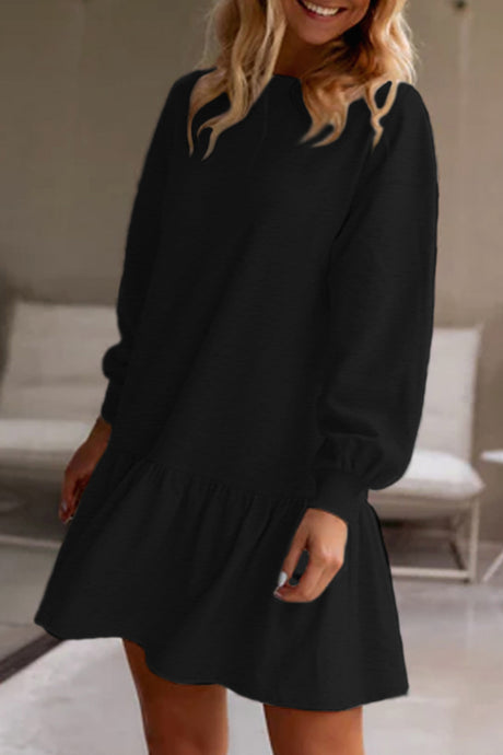 Black Solid Color Puff Sleeve Ruffle Hem Mini Dress | Dresses/Mini Dresses