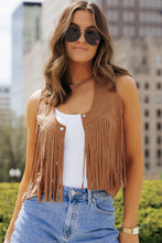 Load image into Gallery viewer, Camel Fringed Snap Button Front Suedette Vest | Outerwear/Jackets
