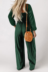 Green Smocked Square Neck Long Sleeve Wide Leg Jumpsuit | Bottoms/Jumpsuits & Rompers