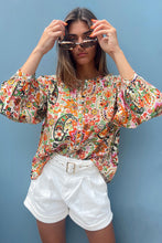 Load image into Gallery viewer, Puff Sleeve Shirt | Multicolor Floral Print Lace Splicing Button up
