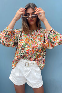 Puff Sleeve Shirt | Multicolor Floral Print Lace Splicing Button up