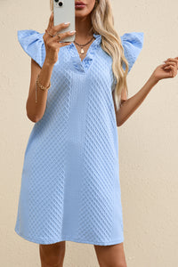 Mini Dress | Light Blue Textured Puff Sleeve V Neck Dress